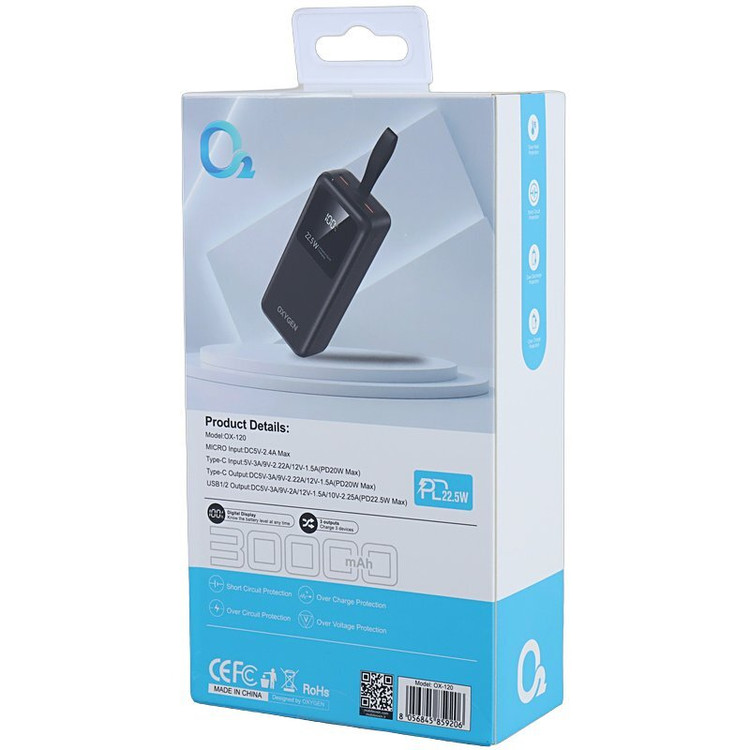پاور بانک فست شارژ اکسیژن OX-120 PD 22.5W ظرفیت 30000